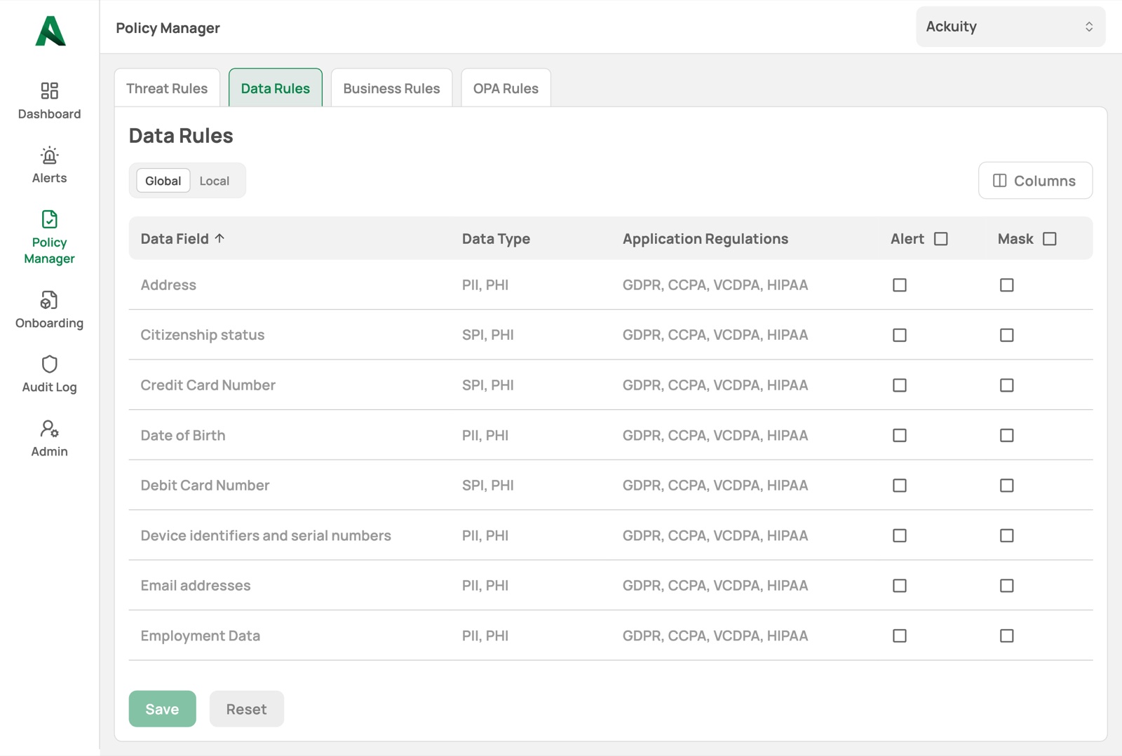 Data Rules exposes controls for sensitive fields that may appear in customer-service interactions.